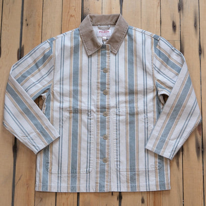 Filson Ladies Canvas Barn Coat in Natural/Yellow featuring a button-front design and large patch pockets.