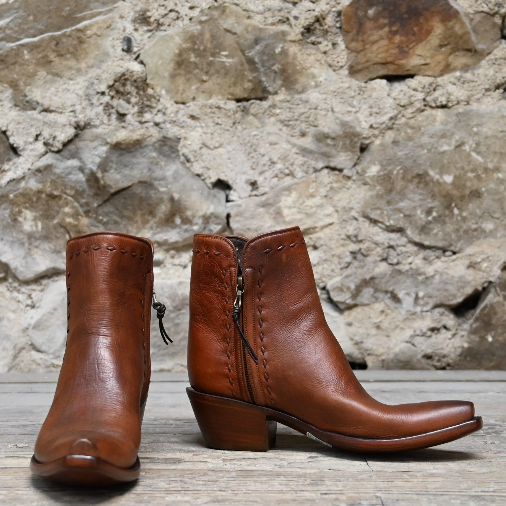 View of Stallion Ladies Zorro zip boot in cognac calf with buckstitching and X 5/8&quot; toe