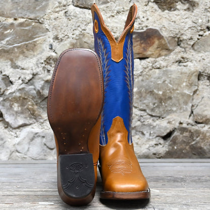 View of Hondo 16&quot; cowboy boot with blue top, honey crazy horse vamp, wide square toe, and spur ledge