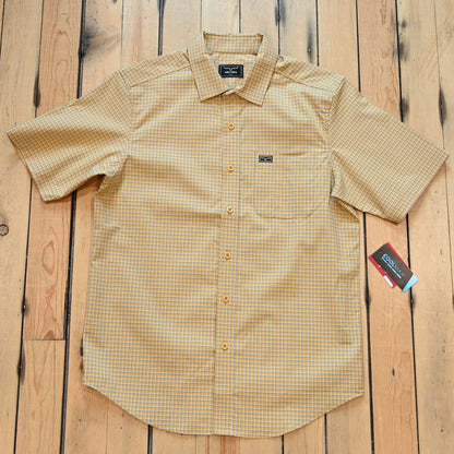 View of Kimes Ranch MC Cooper Short Sleeve Button-Up Shirt in Gold, featuring a grid plaid pattern and snap button front