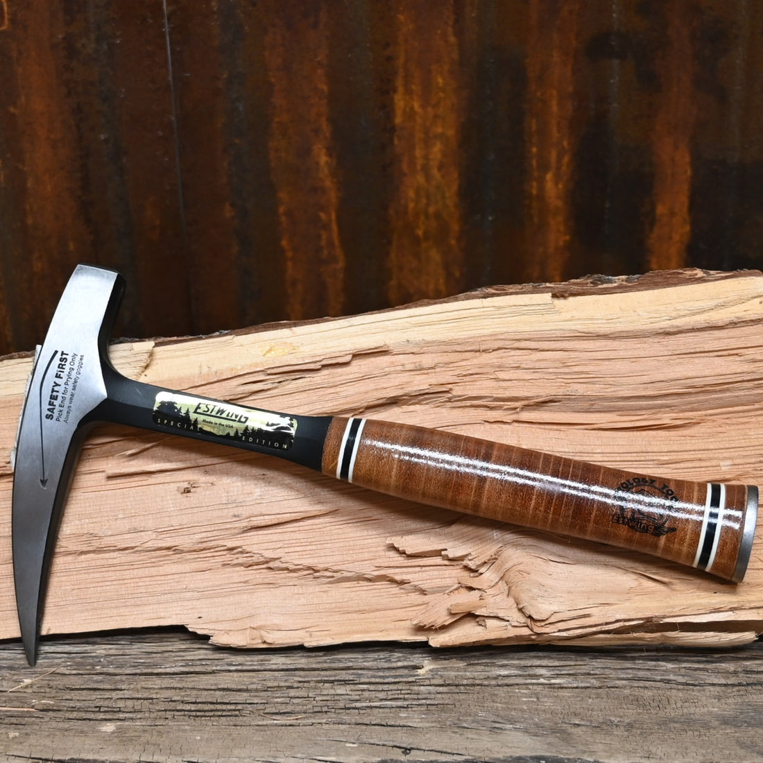Estwing 22 oz Special Edition rock pick with pointed tip and leather grip