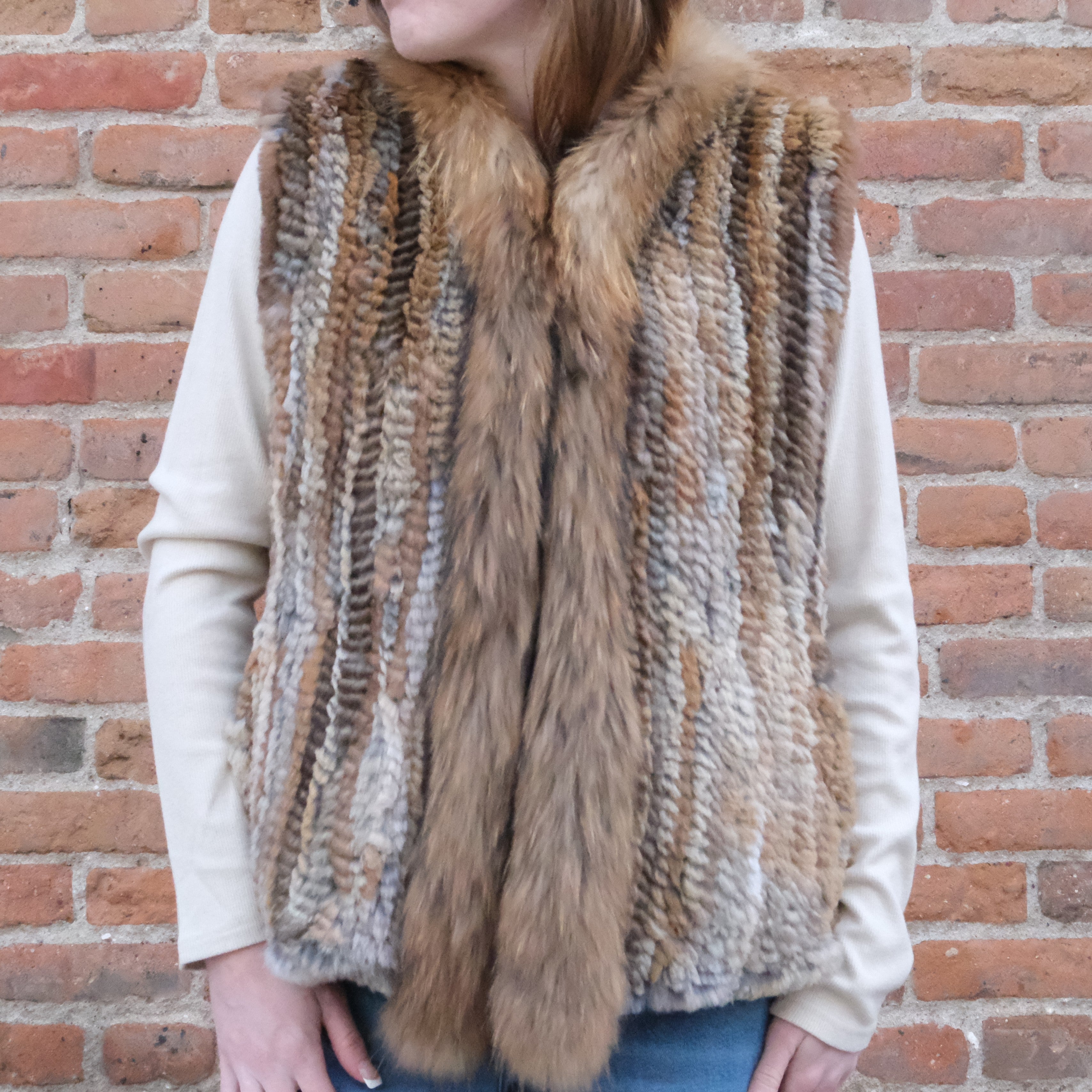 Morris Kaye natural rabbit fur vest with raccoon trim