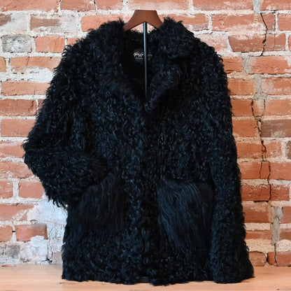 Morris Kaye black Kalgon lamb fur jacket with four front closures and two front pockets size medium