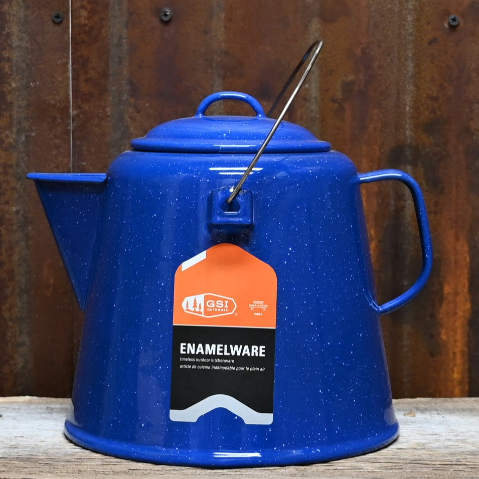 GSI Enamelware 20-cup blue speckled coffee boiler with bail handle and stainless-steel rim