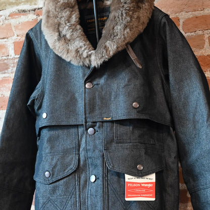 Filson × Wrangler Packer Jacket in black denim, wool-lined with shearling collar