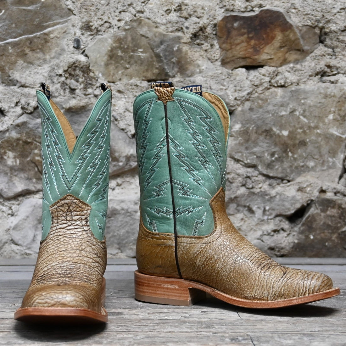 View of Hyer HAZELTON 11&quot; boots showcasing tan bullhide leather vamp and mint vintage goat upper with broad square toe and Stockman block heel