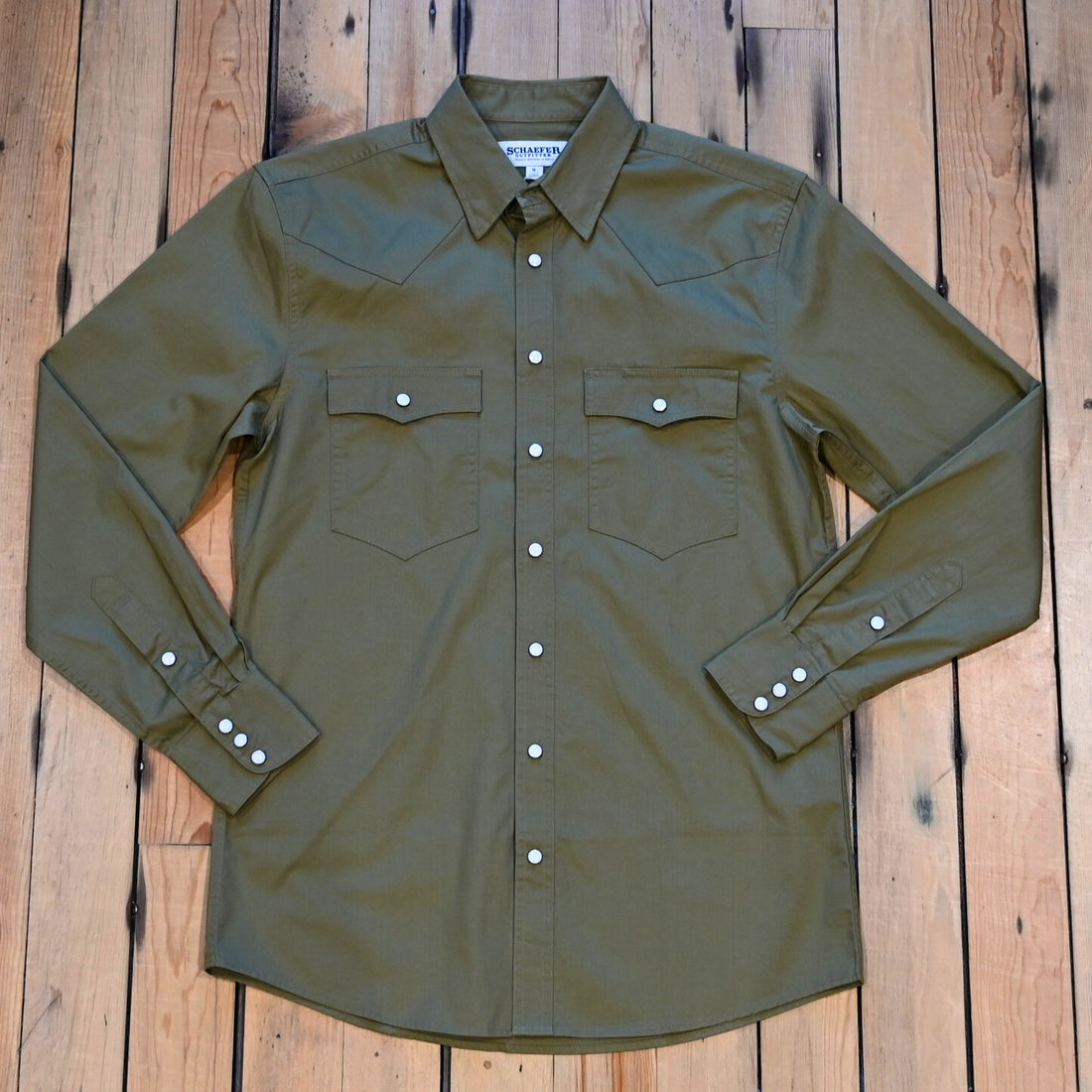Schaefer Outfitter Slub Twill Shirt in olive cotton with snap closure and Western yoke