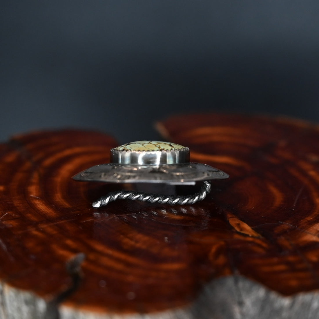Calico Rose small round sterling silver ponytail cuff with Treasure Mountain turquoise stone, handmade in Montana