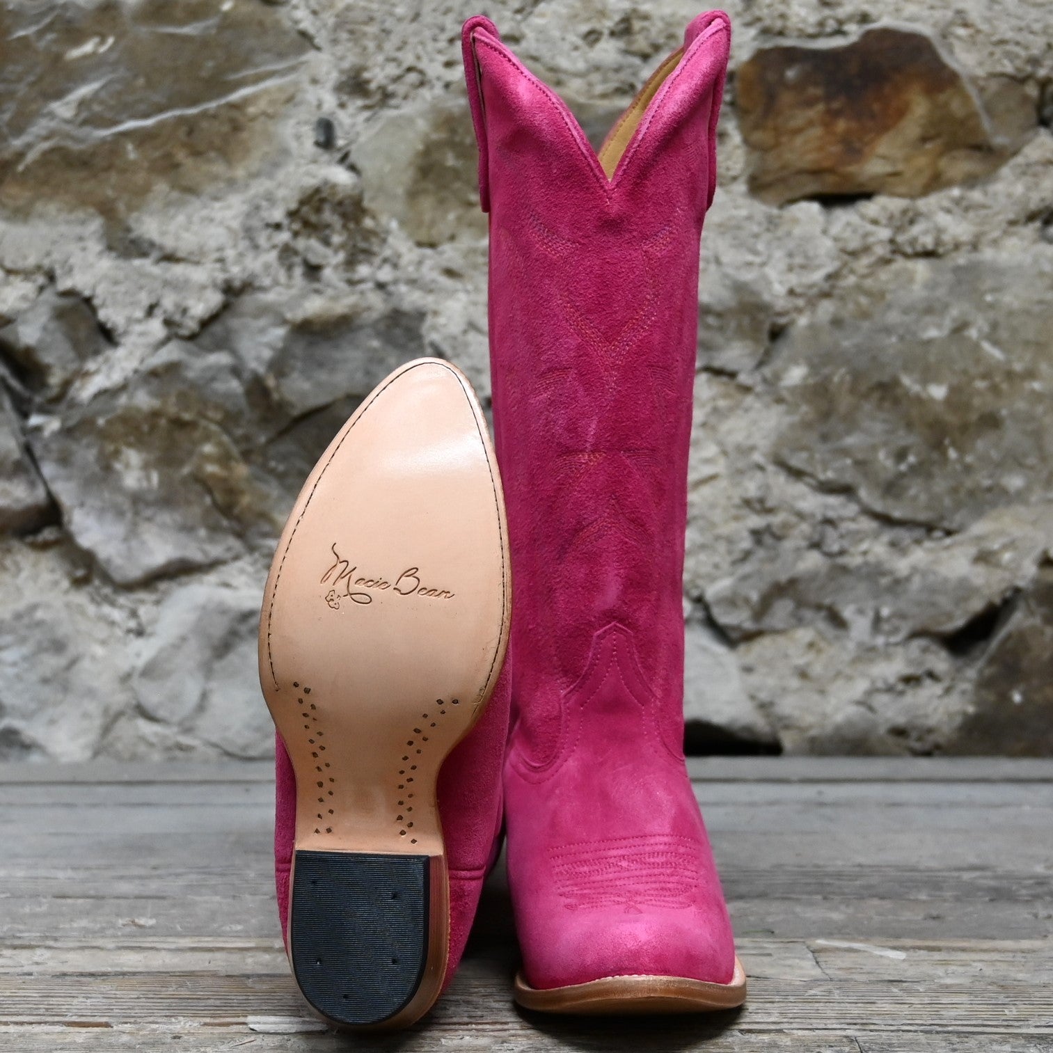 View of Macie Bean 15&quot; hot pink suede boot with almond toe and Citygirl heel