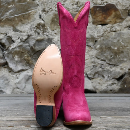 View of Macie Bean 15&quot; hot pink suede boot with almond toe and Citygirl heel
