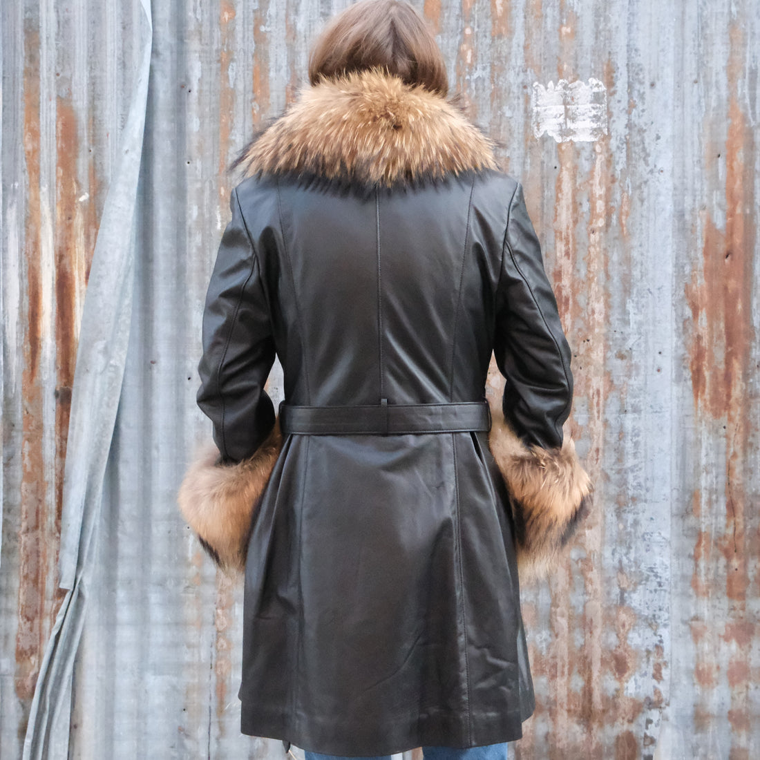 Black leather fox fur stroller with plush fur and leather trim