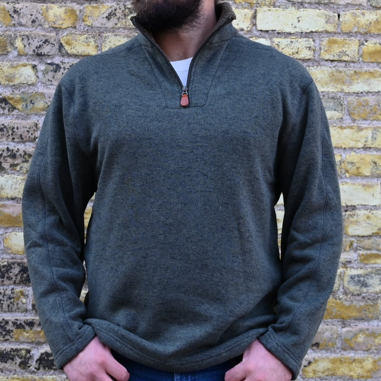 View of Schaefer Elkhorn quarter-zip pullover in navy, taupe, loden, or grey with sherpa-lined collar and leather zipper pull