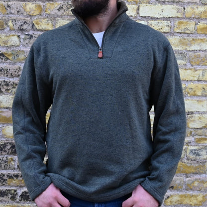 View of Schaefer Elkhorn quarter-zip pullover in navy, taupe, loden, or grey with sherpa-lined collar and leather zipper pull