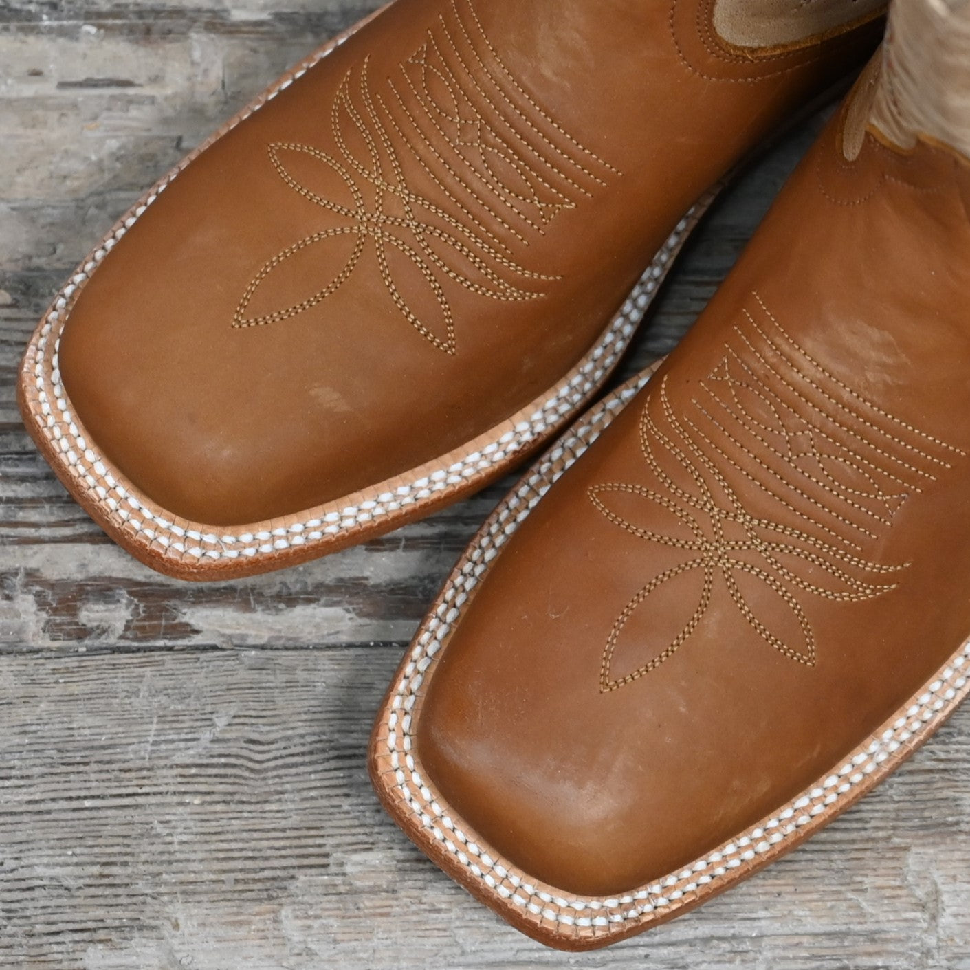 View of Hyer MULBERRY 11&quot; boots showcasing sand Garrison goat leather top and clay mule cowhide vamp with broad square toe and leather stacked heel