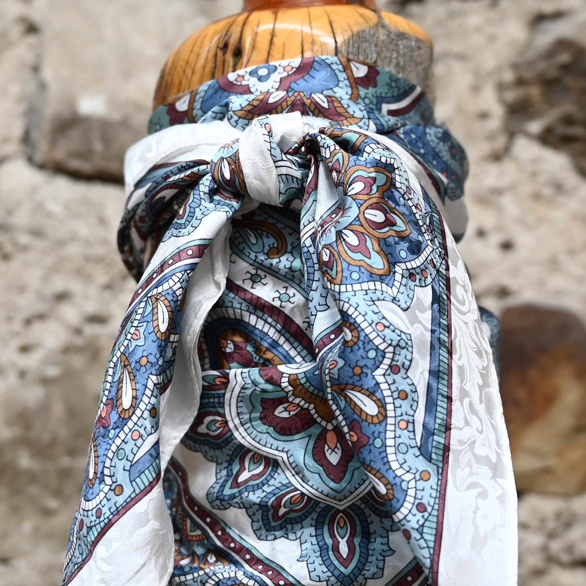 Schaefer burgundy cream and blue paisley silk wild rag with white border 36x36