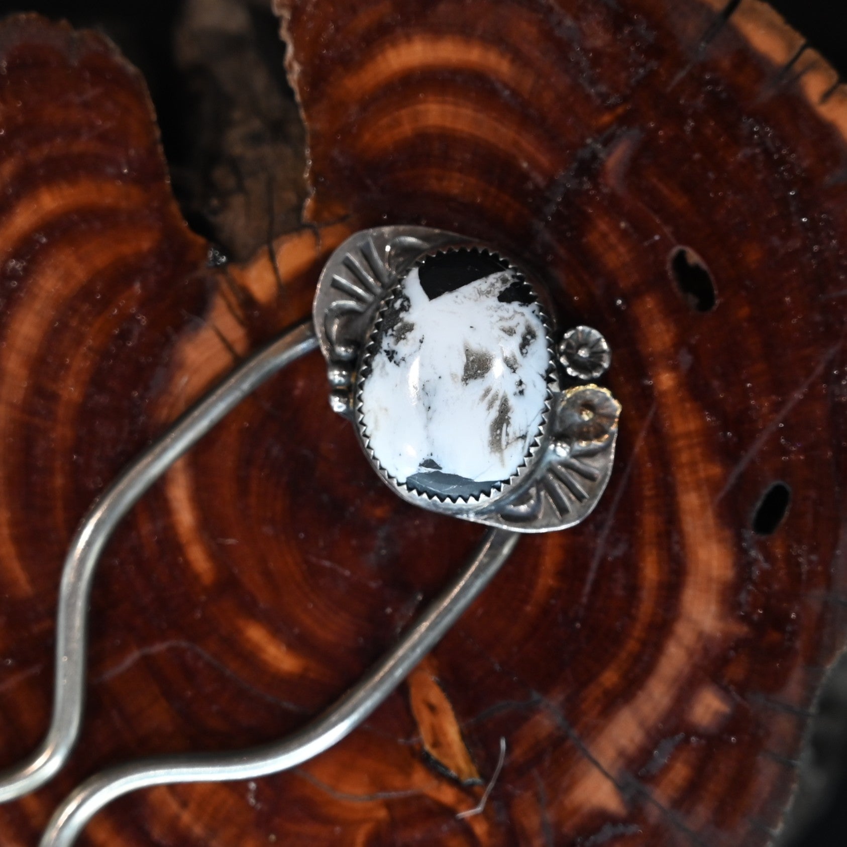 Calico Rose sterling and nickel silver hair fork with White Buffalo turquoise stone, handmade in Montana