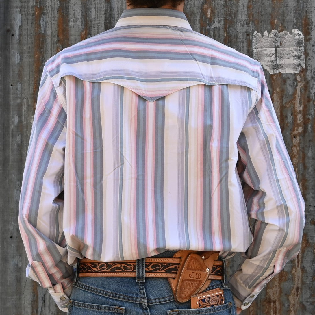 View of Rodeo Blanket pink and light grey striped Western snap shirt with mesh back vent and chest pockets