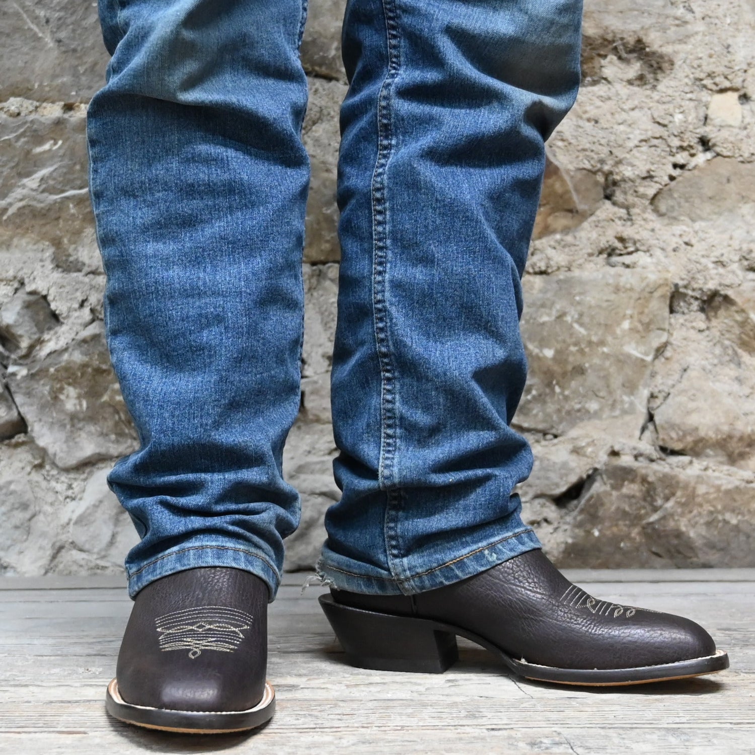 View of Hondo 13&quot; cowboy boot with forest green top, cocoa pull up vamp, and tight French square toe