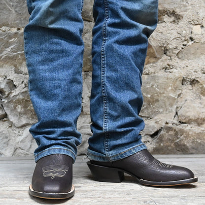 View of Hondo 13&quot; cowboy boot with forest green top, cocoa pull up vamp, and tight French square toe