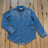 Ladies vintage stonewashed denim Western shirt with embroidered floral design and red piping