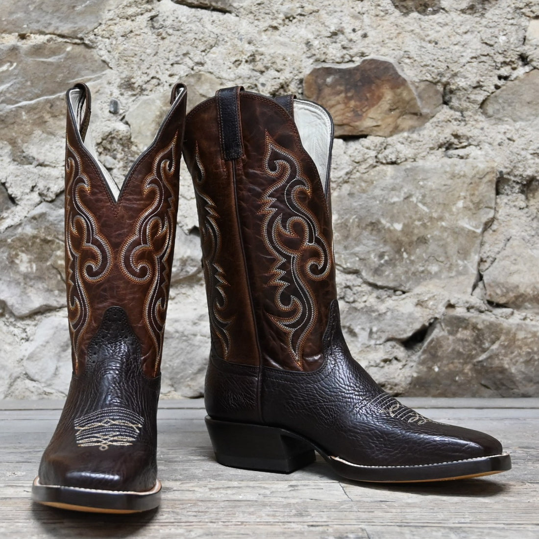 View of Hondo 13" cowboy boot with brown volcano top, chocolate Spanish shoulder vamp, and medium square toe