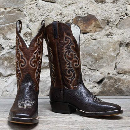 View of Hondo 13&quot; cowboy boot with brown volcano top, chocolate Spanish shoulder vamp, and medium square toe
