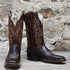 View of Hondo 13" cowboy boot with brown volcano top, chocolate Spanish shoulder vamp, and medium square toe