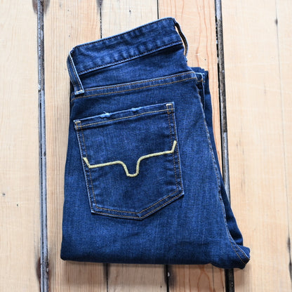 View of Kimes Ranch Sarah Jean in Blue Wash featuring high-rise waist, slim bootcut leg, and Longhorn logo