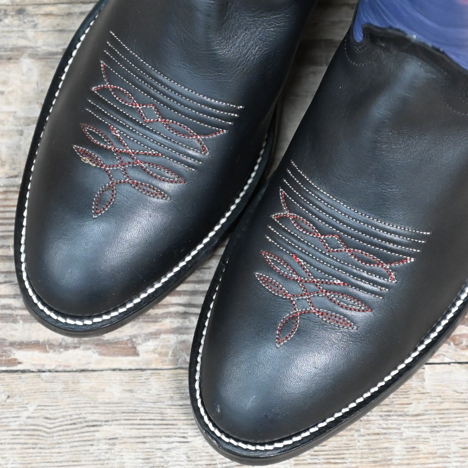 View of Hondo 16&quot; cowboy boot with purple top, black retan vamp, pull holes, and medium round toe