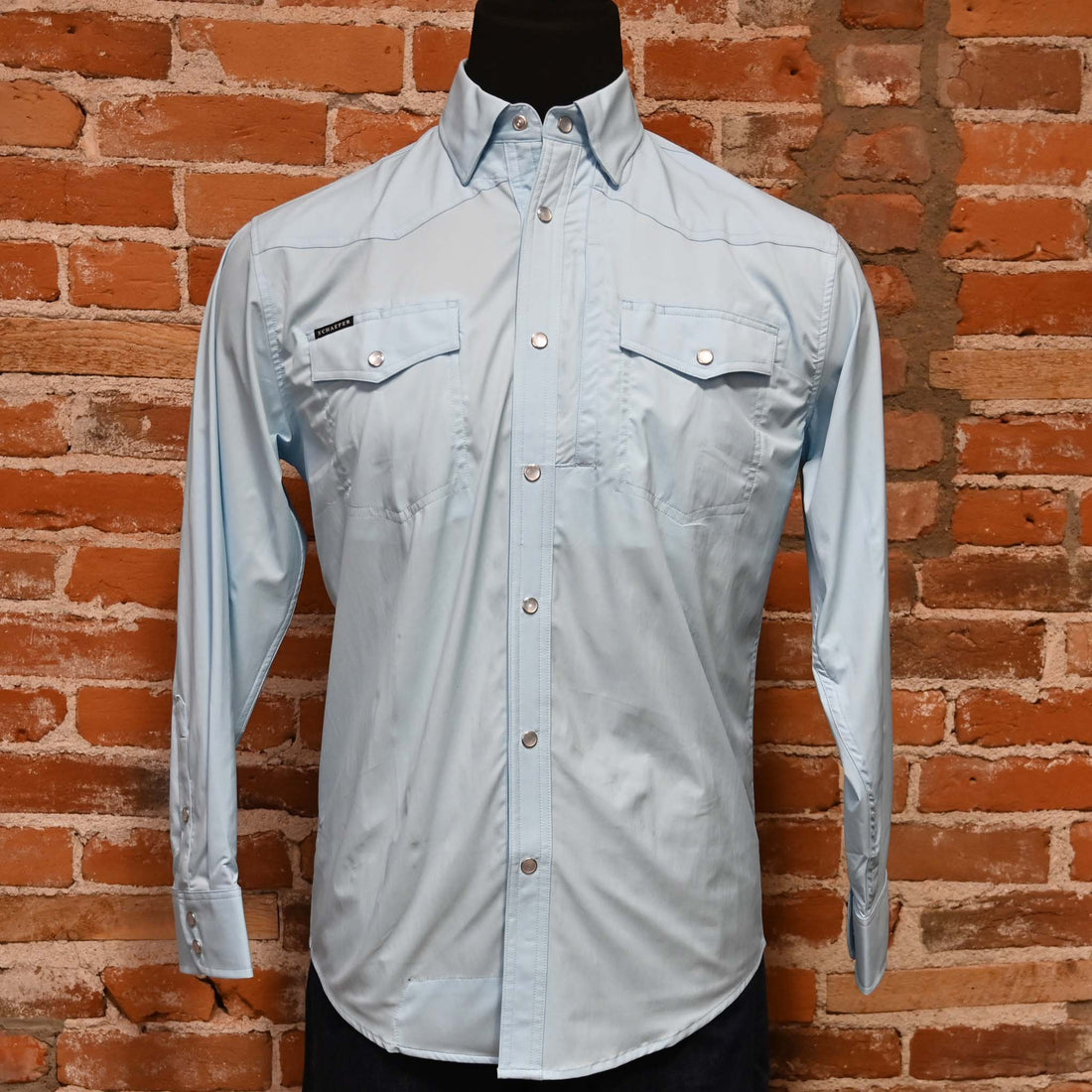 View of Schaefer RangeTek long-sleeve snap shirt in assorted patterns with mesh back yoke and chest pockets