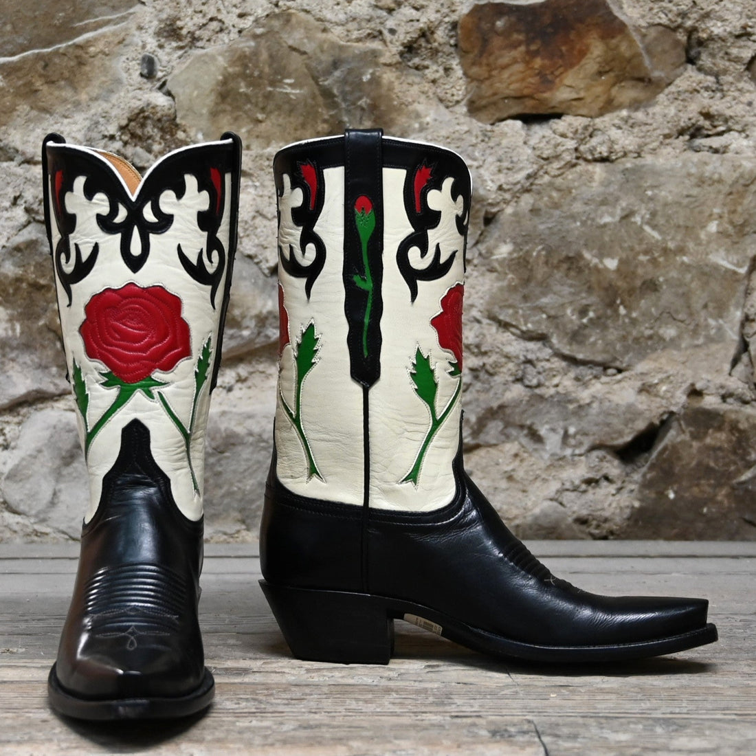Lucchese Ladies 13-inch black and wheat goat leather boot with red rose inlay and vintage collar