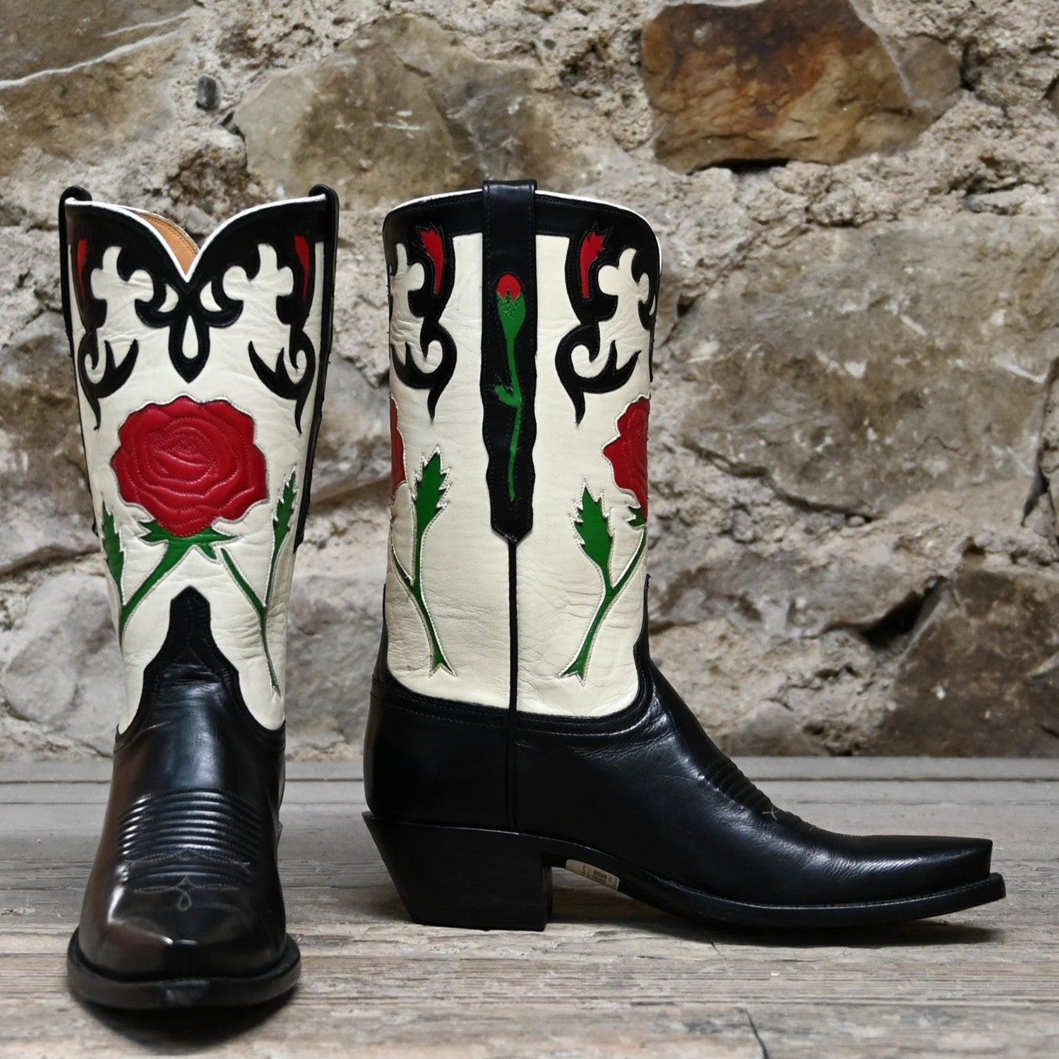 Lucchese Ladies 13-inch black and wheat goat leather boot with red rose inlay and vintage collar