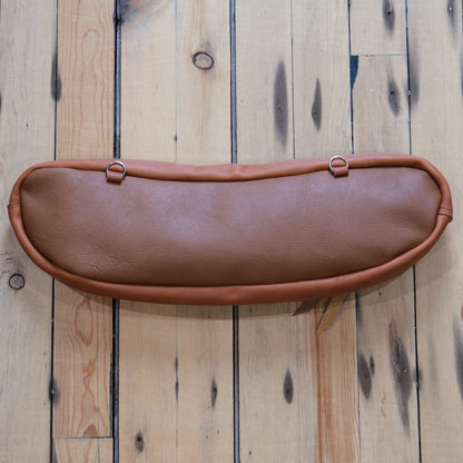 K Bar J Leather Cantle Bag in Rust and Brown showing the vibrant leather contrast and handcrafted stitching.