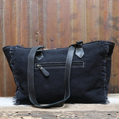 Myra Tulsa Rosa small woven bag in coal with leather trim and patterned design