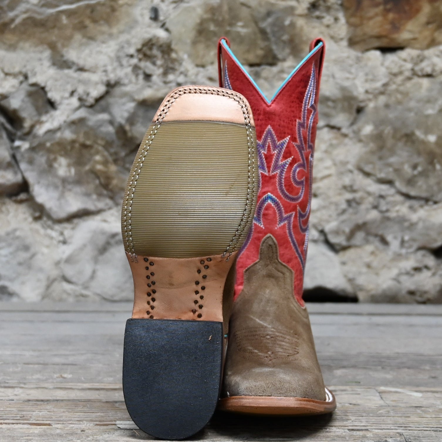 View of Macie Bean 12″ “Cowpunchin Karlee” boot with red shaft, sand suede vamp, and cutter toe