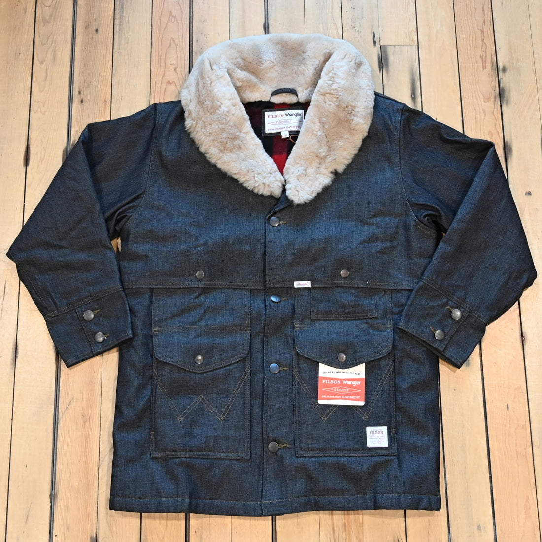Filson × Wrangler Indigo Packer Jacket: denim outer, wool lining, shearling shawl collar