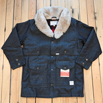 Filson × Wrangler Indigo Packer Jacket: denim outer, wool lining, shearling shawl collar