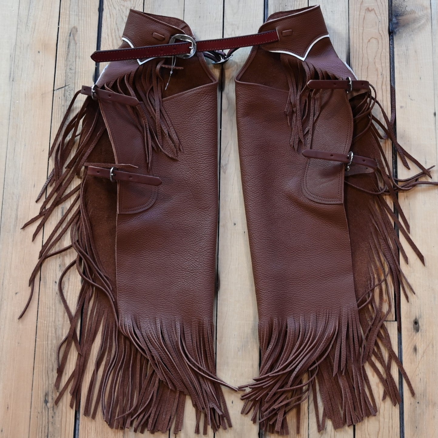 View of K Bar J Chinks with Buckles and Chap Leather Top in Size Small