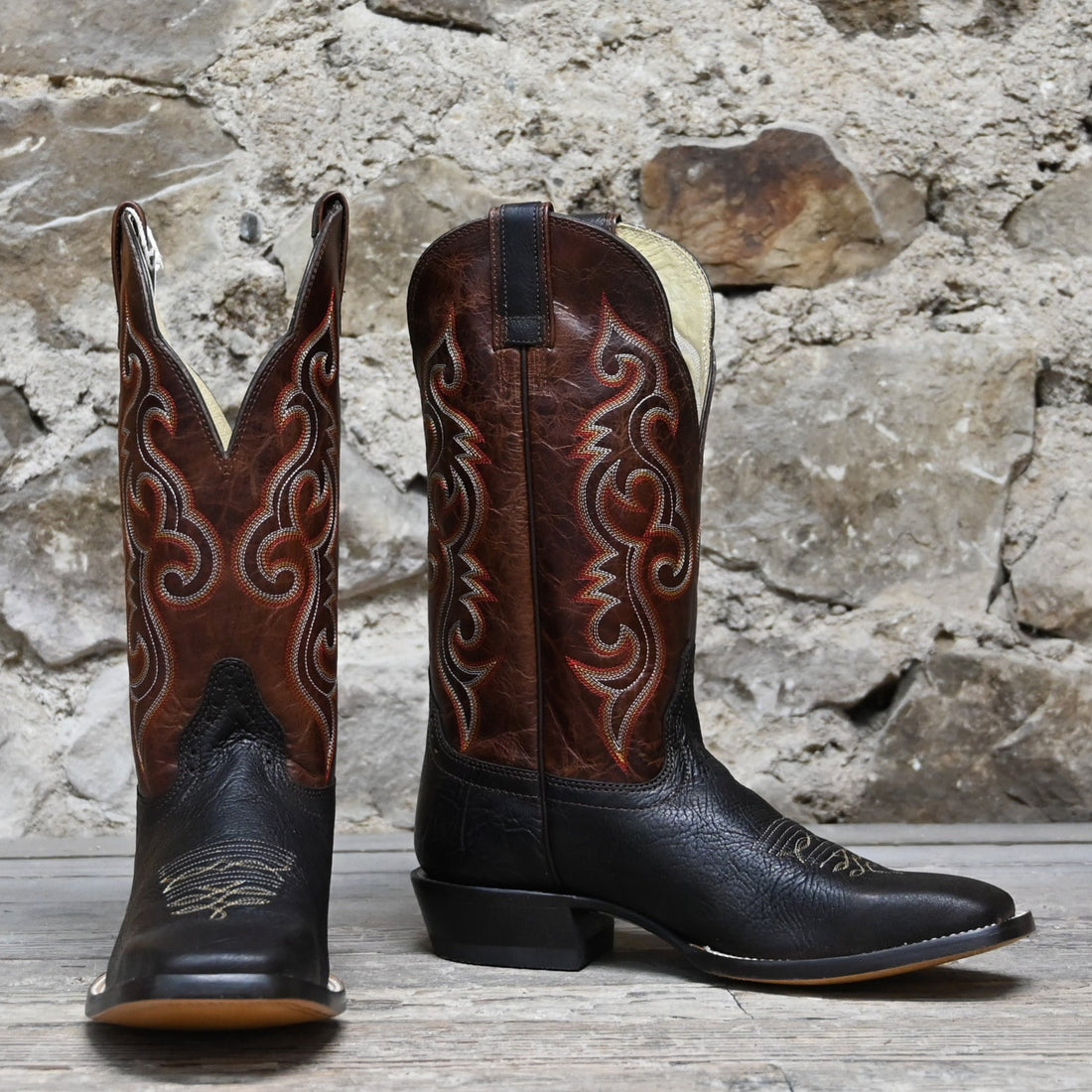 View of Hondo 13" cowboy boot with rust volcano top, brown volcano vamp, and medium round toe