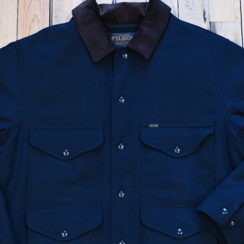 Filson Spokane Insulated Cruiser Jacket in navy wool-blend with snap front and cargo pockets