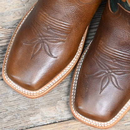 View of Hyer EASTON 11&quot; boots showcasing brown cowhide leather vamp and green vintage cowhide top with broad square toe and Stockman block heel