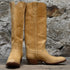View of Stallion Ladies 16" boots in Tan Nunuck leather with B toe and stacked heel