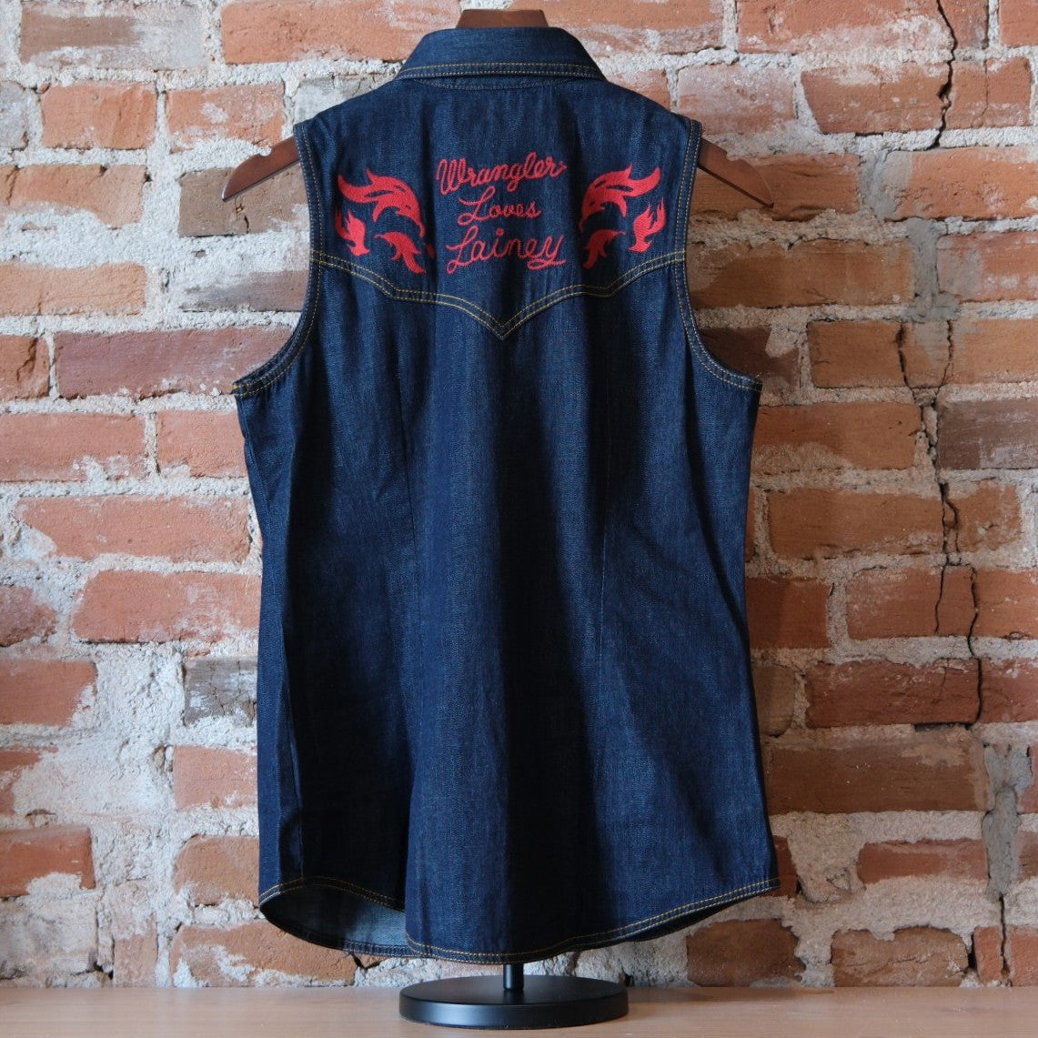 Wrangler x Lainey Wilson Embroidered Sleeveless Denim Shirt in Dark Rinse