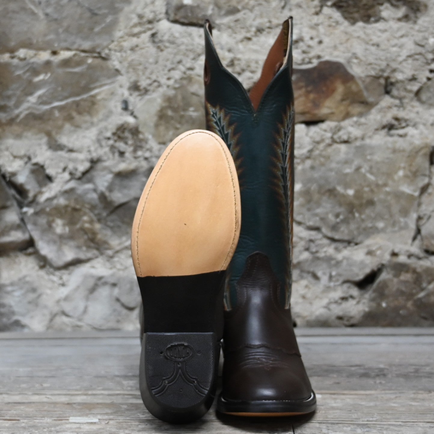 View of Hondo 16&quot; cowboy boot with forest green retan-lined top, brown retan vamp, medium round toe, and spur ledge