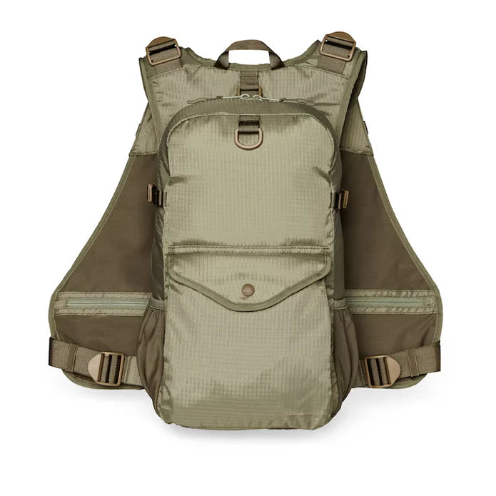 Filson vintage olive fishing guide vest with fly-box pockets, rod loops and adjustable straps