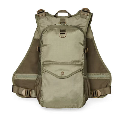 Filson vintage olive fishing guide vest with fly-box pockets, rod loops and adjustable straps
