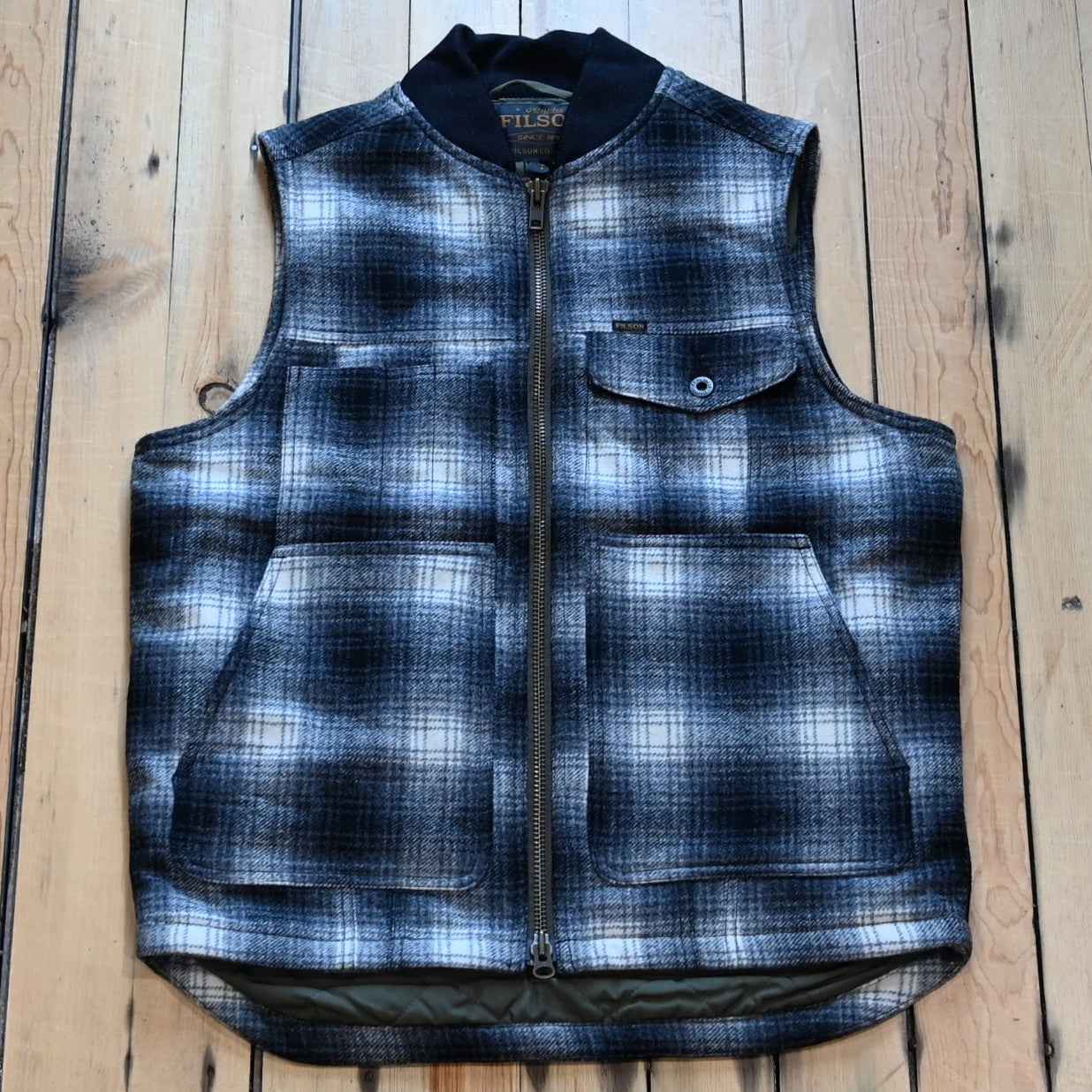 Filson Spokane Insulated Work Vest in Charcoal Ombre with wool blend shell and utility pockets