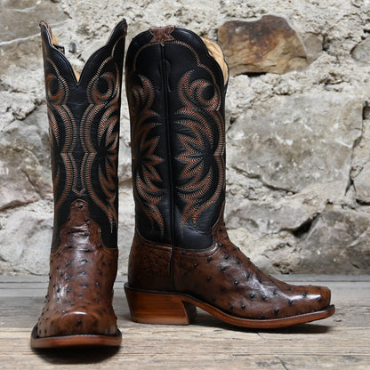 View of Hyer COLBY 13&quot; boots showcasing Tabac Full-Quill Ostrich leather vamp and Black Top-Shelf Cowhide top with Cutter toe and Underslung heel
