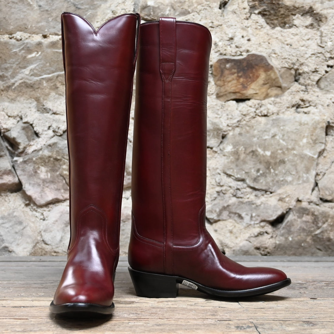 View of Stallion Ladies 16" Burnt Red Calf English High Boot with B toe and covered piping