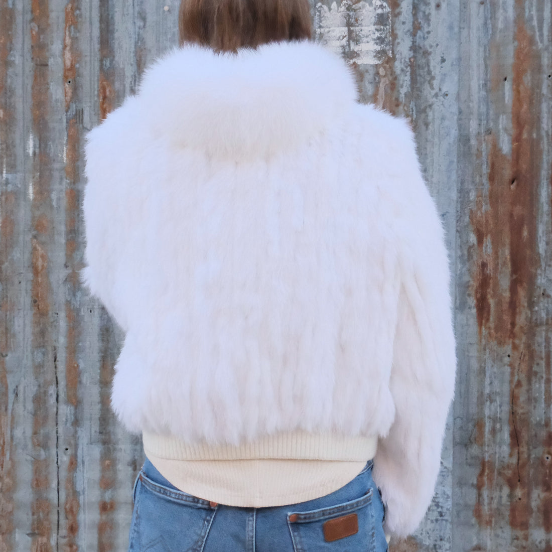 Morris Kaye white rabbit fur jacket with fox trim